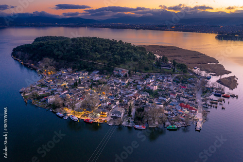 Ioannina city in Greece, Aslan Pasha Tzami, the lake with the island of Kyra Frosini or nissaki.