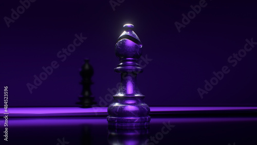  Game concept. Dark marble chess bishop. Blue violet neon light. 3d illustration