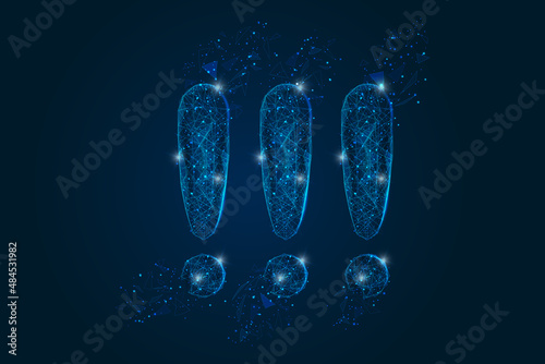 Abstract isolated blue image of a exclamation mark. Polygonal illustration looks like stars in the blask night sky in spase or flying glass shards. Digital design for website, web, internet.