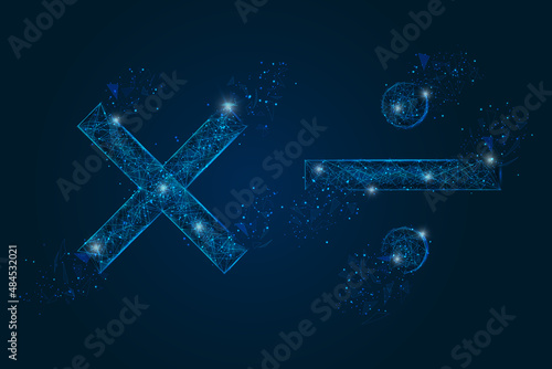 Abstract isolated blue image of a math signs. Polygonal illustration looks like stars in the blask night sky in spase or flying glass shards. Digital design for website, web, internet.