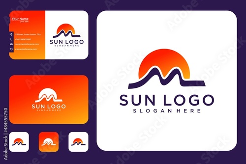 Letter m with sunrise logo design and business card