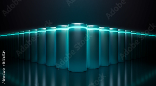 Glowing power neon light futuristic energy storage, high capacity rechargeable lithium ion battery, 3D rendering of future electric vehicle clean energy technology concept