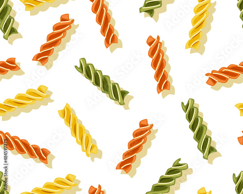 Multi colored pasta fusilli seamless pattern. Symbol of italian cuisine menu. Vector cartoon illustration on a white isolated background.