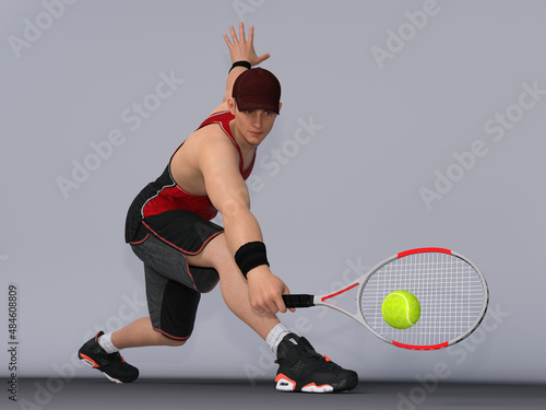 3D Render : Full body portrait of male tennis player is performing and acting in training session 