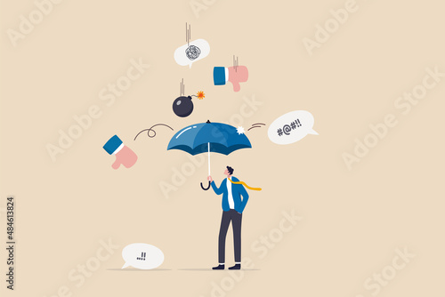 Handle business criticism or negative feedback, manage boss blame, pressure, failure or mistake ashamed concept, confidence businessman hold strong umbrella protect from negative feedback criticism.