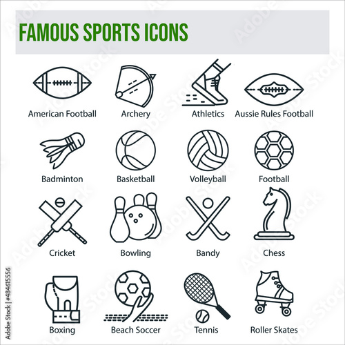 Famous sports icons thin line stock illustration. The icons include American football, archery, athletics, aussie rules football, badminton, basketball, volleyball, football, cricket, bowling, bandy