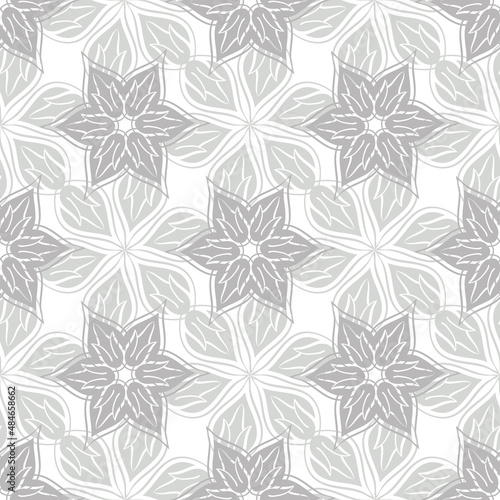Azulejo style modern abstract flower heads vector seamless pattern. Neutral silver gray background of regular hand drawn flower motifs. Arabesque floral shapes geometric botanical decorative repeat