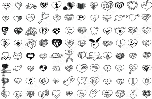 Hand drawn sketchy doodle black hearts vector collection set of 96 cartoon love hearts icons on white background.