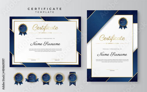 Modern blue certificate template and border, for award, diploma, honor, achievement, graduation and printing