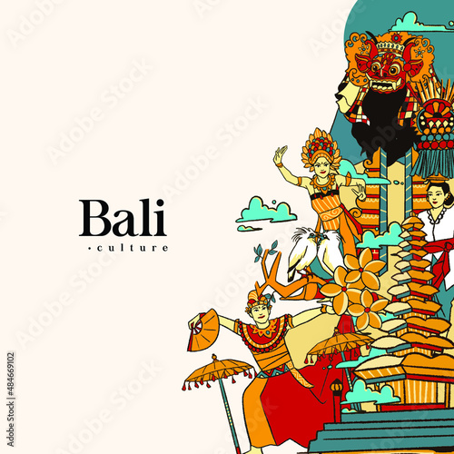 Set balinese Illustration. Hand drawn Indonesian cultures background