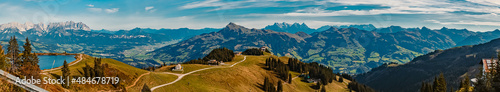 High resolution stitched panorama with the famous Wilder Kaiser mountains and the Kitzbueheler Horn summit near Kitzbuehel, Tyrol, Austria
