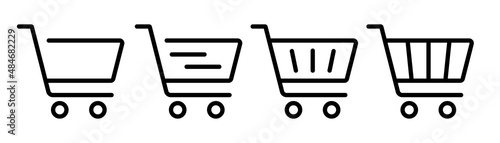 Shopping cart icon. Shopping trolley in outline. Web cart in line. Shop symbol in black. Trolley icon set. Stock vector illustration