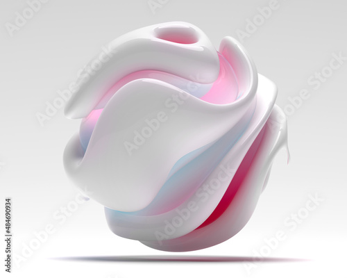 3d render of abstract art of surreal flying 3d alien ball or sphere in curve wavy spiral round organic smooth and soft lines forms in glossy white ceramic material with pink transparent glass parts 