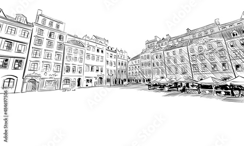Poland. Warsaw. Old building facade hand drawn sketch. Unusual perspective. City vector illustration