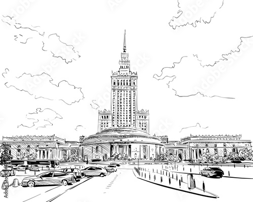 Poland. Warsaw. Palace of Culture and Science. Hand drawn sketch. Vector illustration