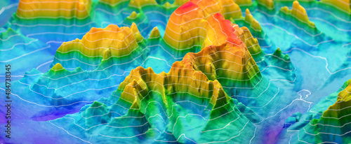 3D Topographic height map, geology survey. Topographic cartography, contour map, 3D relief. abstract geographic resource map with mountains. 