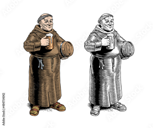 Monk holding beer mug and wooden barrel. Elderly brewer checking beer for quality at brewery, full length. Engraving style hand drawn vector illustration. Good for pub menu or label design.
