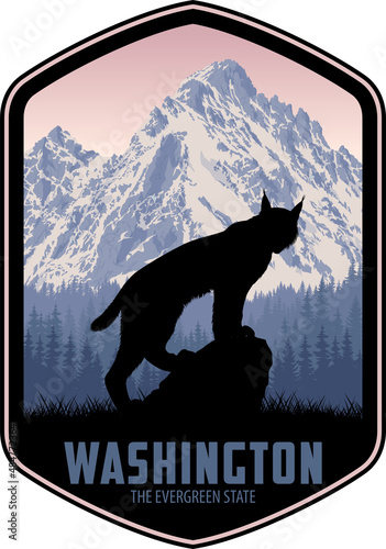Washington vector label with Canada lynx and North Cascades national park