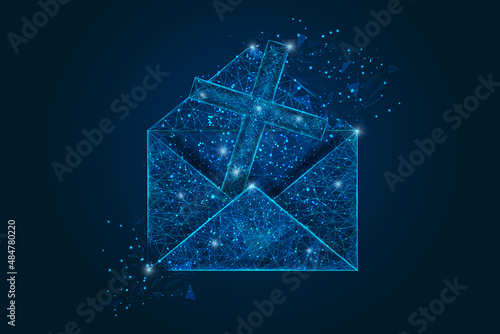 Abstract isolated image of a letter, mail or message with cross. Polygonal illustration looks like stars in the blask night sky in spase or flying glass shards. Digital design for website, web