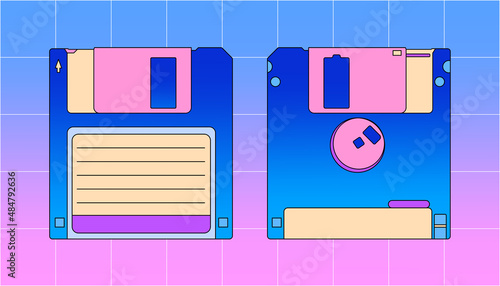 Vector retrofuturistic illustration of floppy disk in vaporwave 80s, 90s cartoon style. Diskette two sides. Checkered gradient background