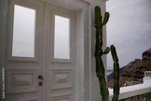 View of a typical cycladic door in Fira Santorini Greece