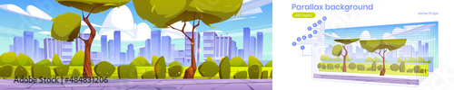 Parallax background city skyline, summer urban view with skyscrapers, green lawn, trimmed bushes and trees along pathway. 2d cityscape with separated layers for game animation, Vector illustration