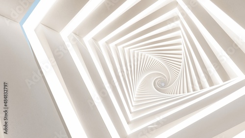 Abstract background rotating geometric tunnel with lighting 3d rendering