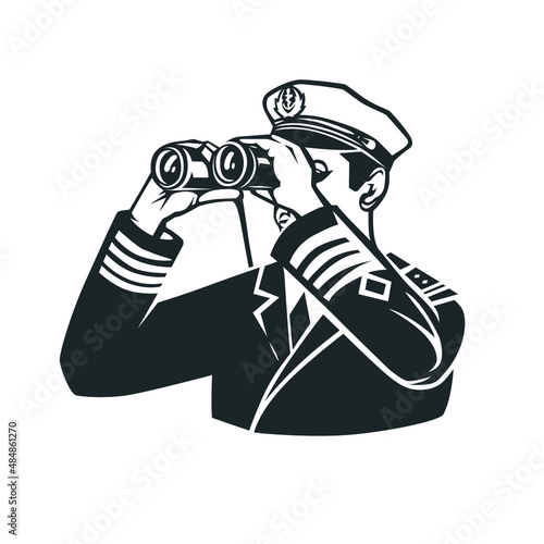 Ship captain looking through binoculars.