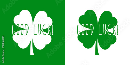 Banner con texto manuscrito Good Luck en silueta de trébol de 4 hojas en fondo verde y fondo blanco