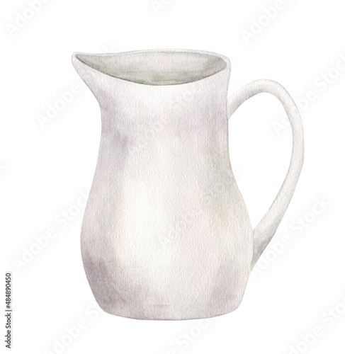 Watercolor ceramic pitcher illustration. Hand painted white jug for milk, water, lemonade isolated on white background. Kitchen crockery sketch. Home decor in farmhouse rustic style