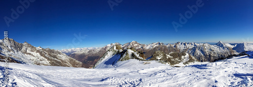 Panorama of magnificent Allalinhorn 4027m part of the Mischabel group of mountains in the Saas Fee Valley in southern Switzerland.