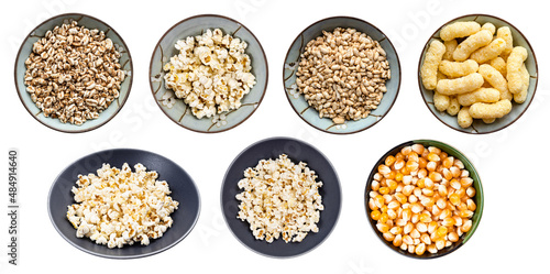 set of various popcorns and flakes isolated