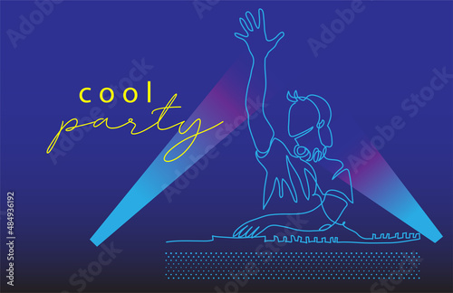 Cool party vector flyer, background, banner, poster. One continuous line art drawing illustration of dj with one hand up