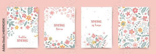 Spring card templates with cute hand drawn flowers. Editable vector illustration for greeting card, invitation, banner, website, social media post and stories