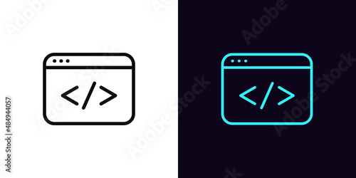 Outline coding icon, with editable stroke. App window sign with code, web development pictogram