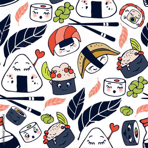 Cute kawaii Sushi, rolls, nigiri. Vector set. Japanese food with emotions, cartoon style. Fashion illustration. All elements are isolated background. Colored vector seamless pattern.