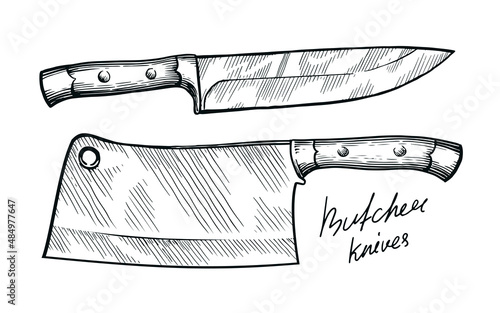 Kitchen and meat cutting knives set. Cleaver chef and butcher tools. Sketch vintage vector illustration