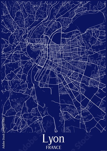 Dark Blue map of Lyon France.