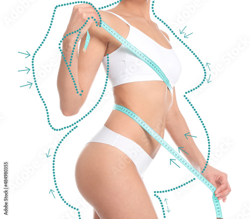 Slim young woman after weight loss on white background, closeup view