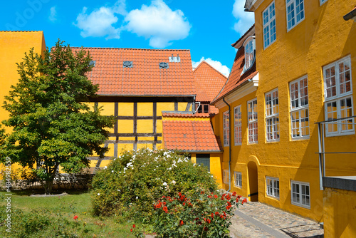 Brick yellow houses with orange tile roofs in the sunny bright day. Trees, grass and rose bushes. Roskilde, Denmark