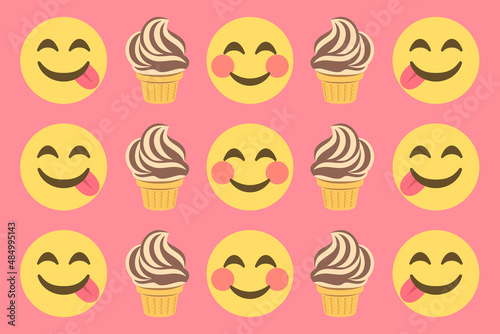 smiling faces with soft ice cream,emoji sweet food pattern on pink color background,vector illustration