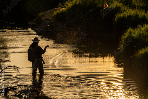 Fly Fisherman Casts Line in Shallow River