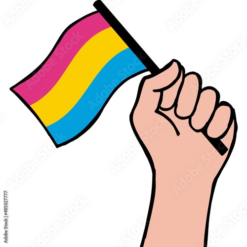 Hand raised in fist holding / waving pride flag