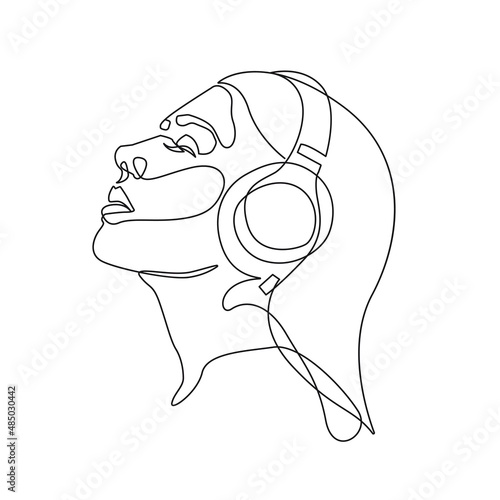 Woman with Headphones Minimalist One Line Drawing. Female Head Contour Illustration. Modern Minimalist Drawing. Music One Line Illustration. Vector EPS 10