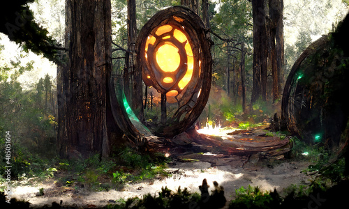 Fantasy Magical fairy-tale portal in the forest. Round stone portal teleport in trees to other worlds. Fantastic landscape. Magic Altar in the forest