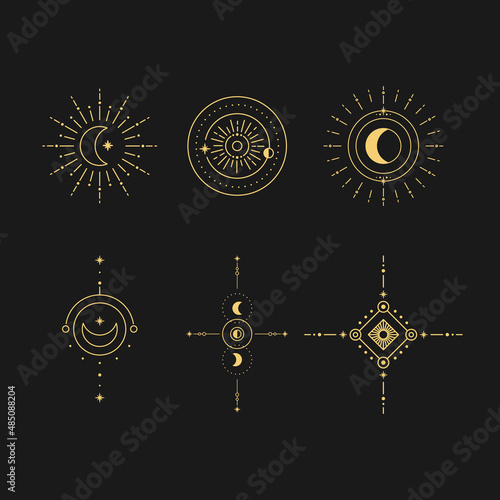 Set of moon and sun line art. Minimal boho linear symbols. Celestial mystic element. Vector line art illustration.