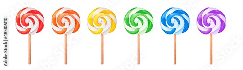 Watercolor illustration set of multi colored swirly lollipop candies on wooden stick. Symbol of joy. Hand painted water color sketch on white, isolated clipart elements for bright design decoration.