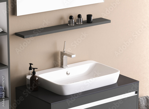 White bathroom sink standing on a bathroom furniture. A square mirror hanging on a beige wall. A close up. Front view. 3d rendering