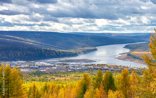 View of the village of Tura - the administrative center of the Evenki district of the Krasnoyarsk Territory in autumn.