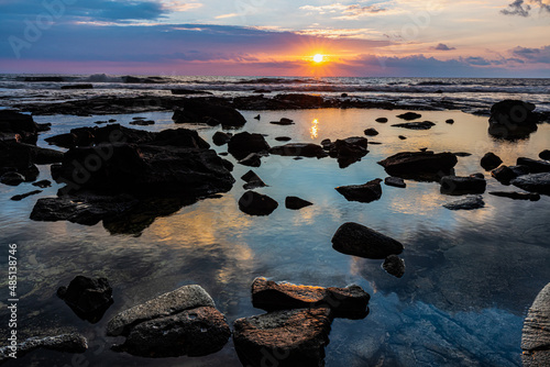 Sunset Over Tide Pools at Old Kona Airport Beach Park, Hawaii Island, Hawaii, USA